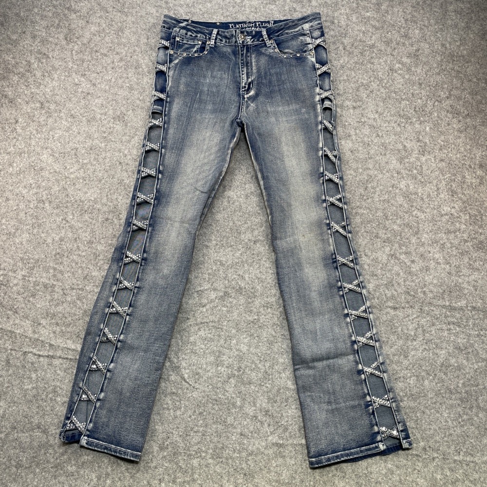 Y2K Platinum Plush Denim Jeans Rhinestone Open Leg Design Size 11